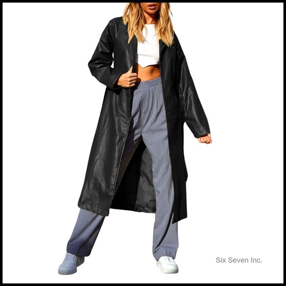 Faux Leather Trench Coat with Belt Long Sleeve Below Knee Length